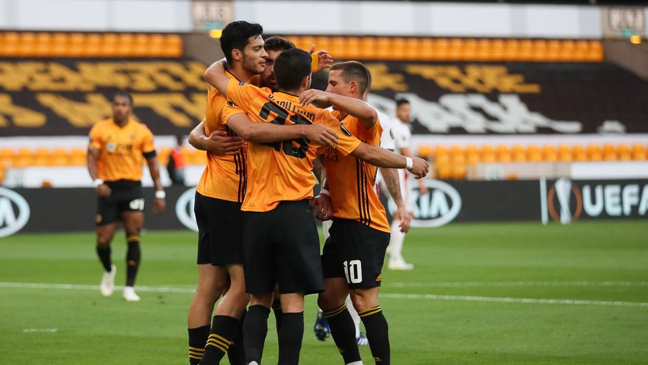 Wolves celebrate Raul Jimenez's penalty against Olympiakos