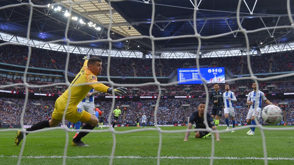 Gabriel Jesus: The Brazilian heads home for Man City in the FA Cup semi-final against Brighton