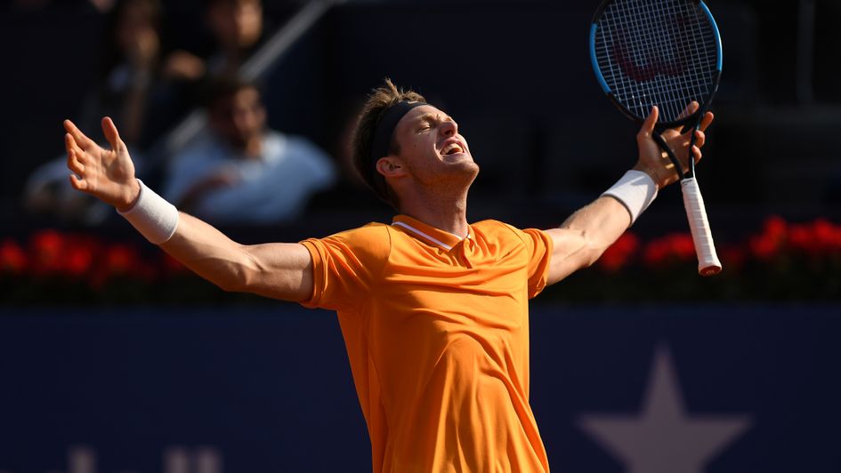 Nicolas Jarry celebrates after beating Alexander Zverev at the Barcelona Open