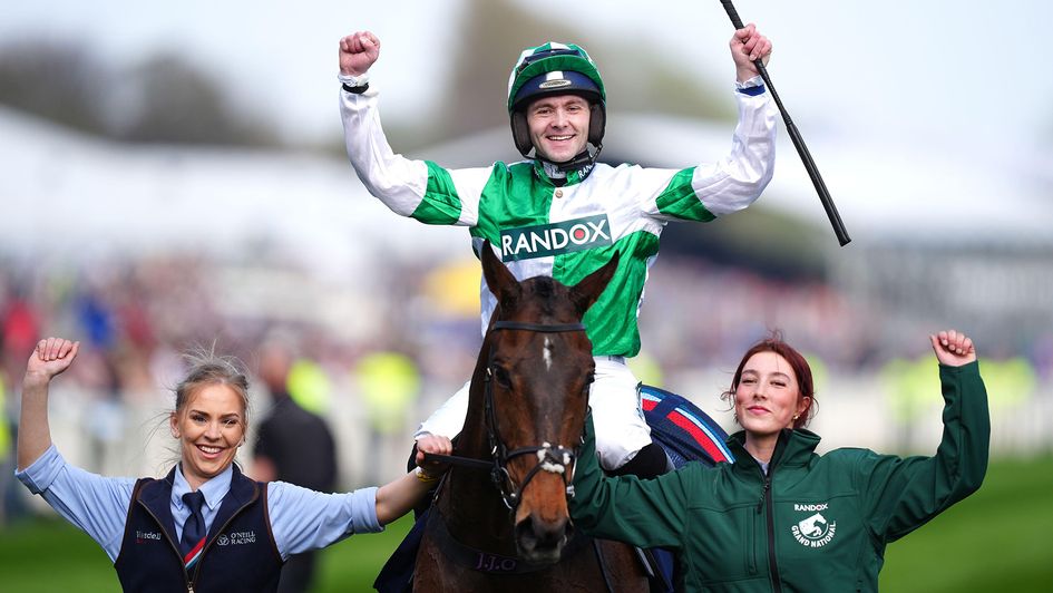 Jonjo O'Neill Jr celebrates after winning at Aintree on Wellington Arch