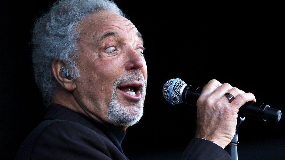 Tom Jones on stage at Newbury Racecourse