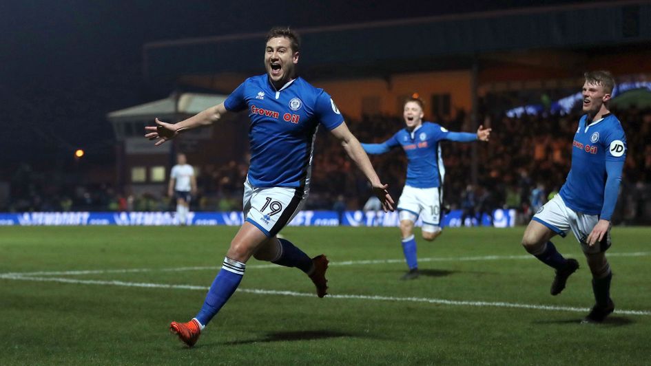 Steve Davies celebrates Rochdale's late equaliser against Tottenham