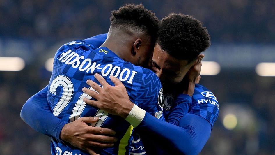 Callum Hudson-Odoi celebrates with Reece James after scoring against Juventus