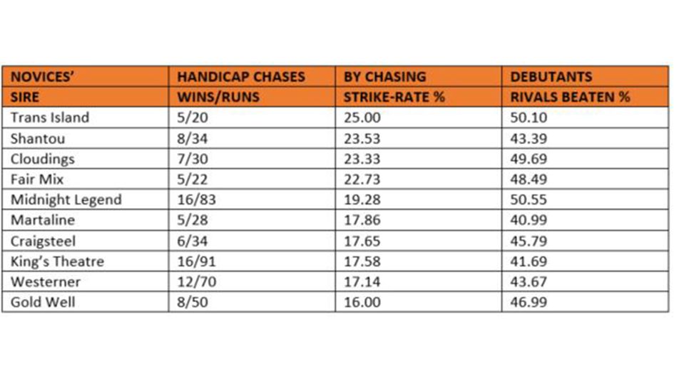Table 5: Chasing debutants in novice handicap chases by sires over 20 runners with qualifiers this year