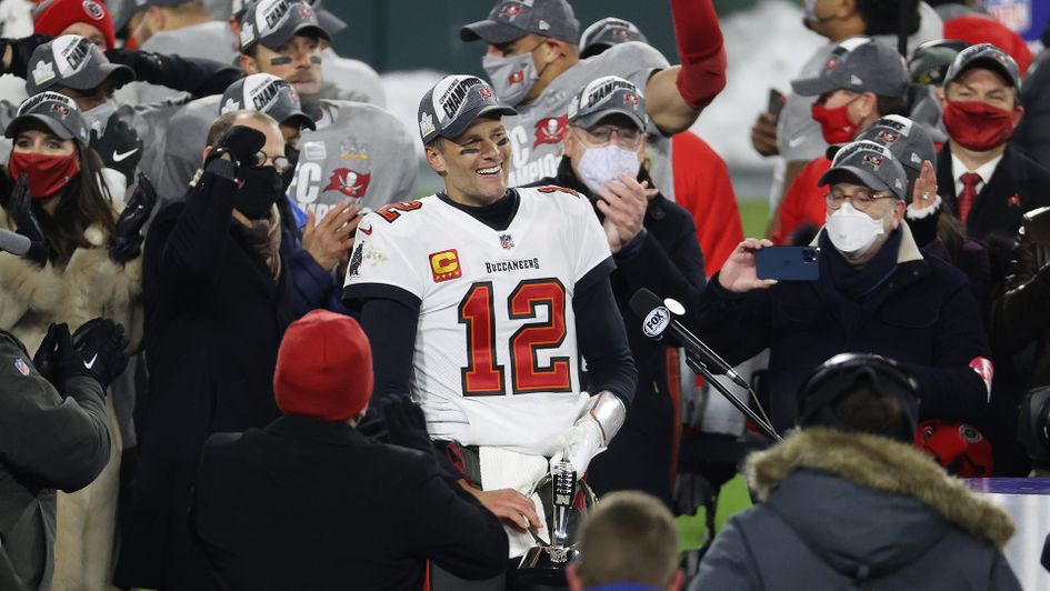 Tom Brady celebrates Tampa Bay Buccaneers winning the NFC Championship Game