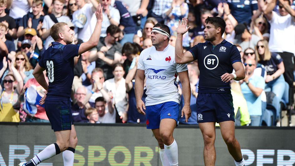 Sean Maitland, right, is congratulated by Finn Russell after his try against France