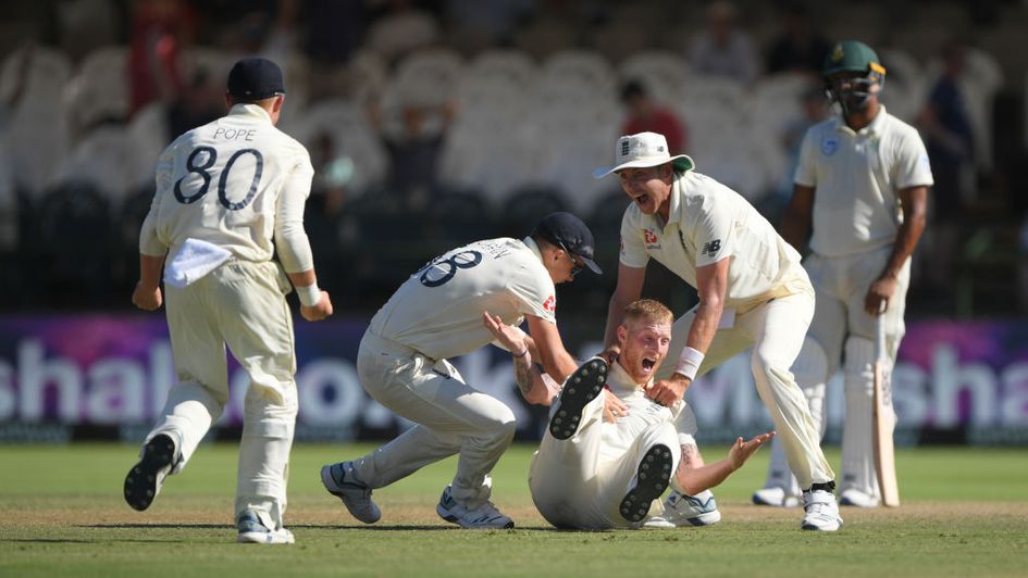 Ben Stokes is mobbed after taking back-to-back wickets