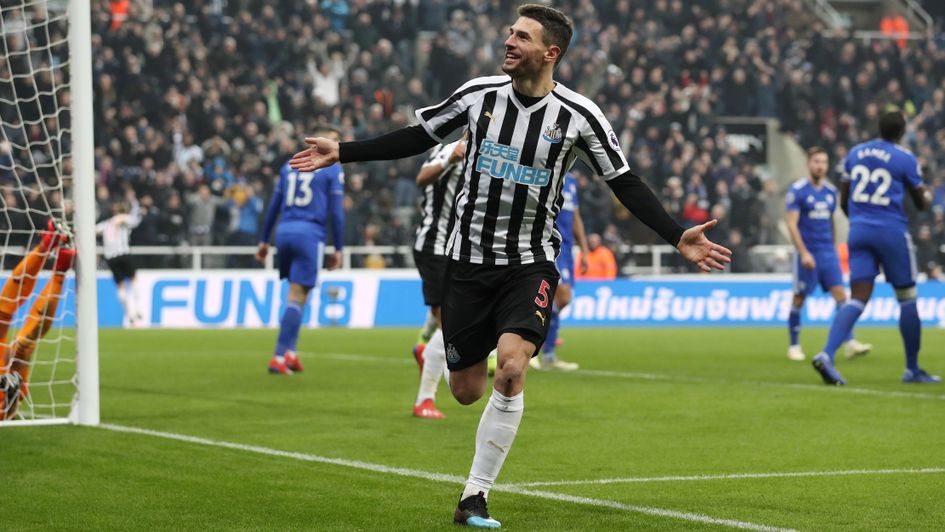 Newcastle's Fabian Schar celebrates his second goal v Cardiff