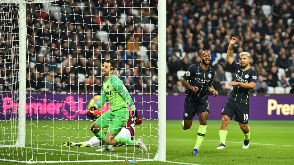 Raheem Sterling celebrates his goal for Manchester City at West Ham