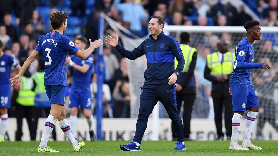 Frank Lampard: Chelsea boss celebrates the win over Newcastle with goalscorer Marcos Alonso