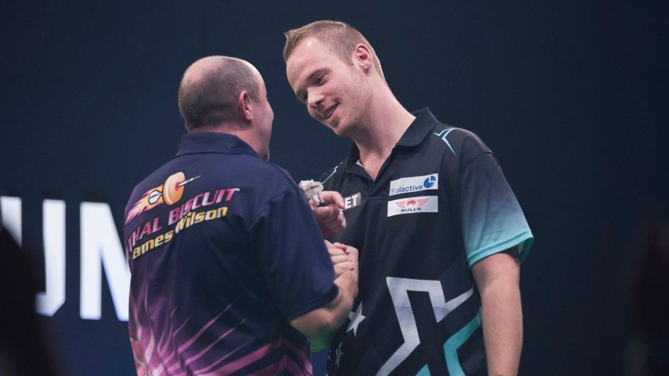Max Hopp celebrates beating James Wilson (Picture: Kelly Deckers/PDC)