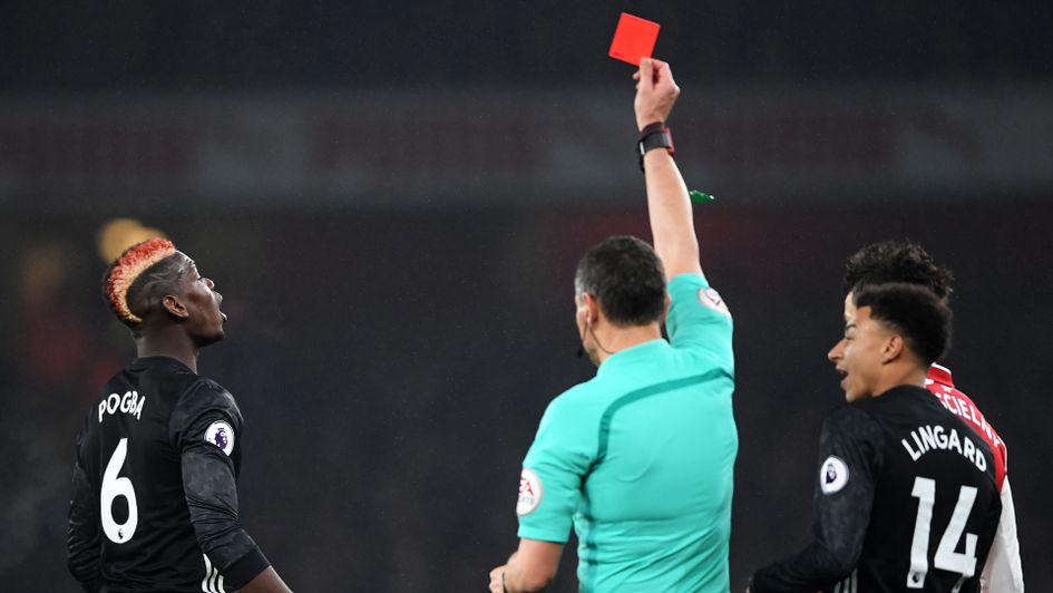 Paul Pogba will miss the Manchester derby after being sent off at Arsenal