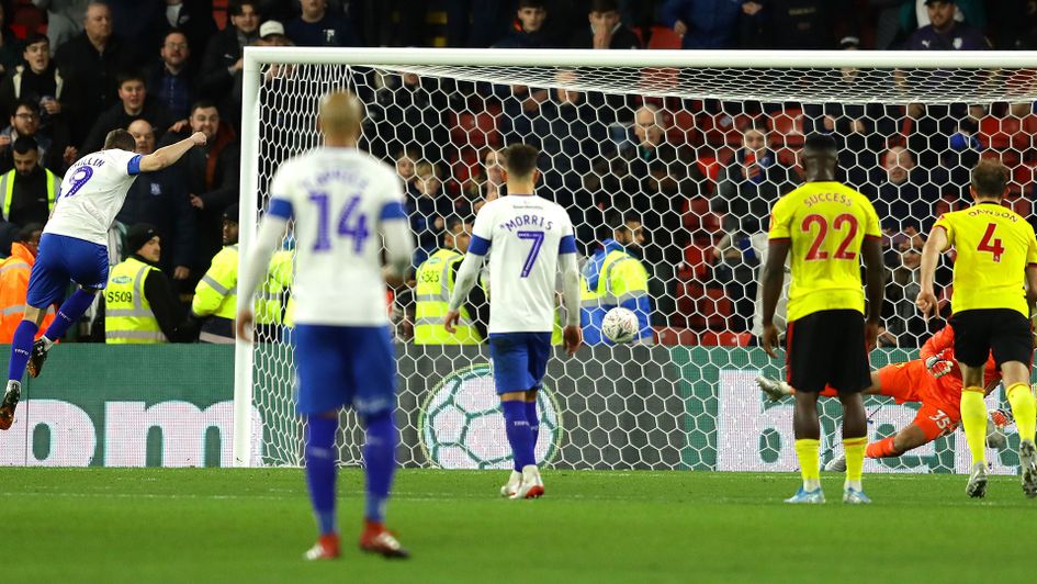 Paul Mullin slots home a penalty for Tranmere to make it 3-3 at Watford in the FA Cup