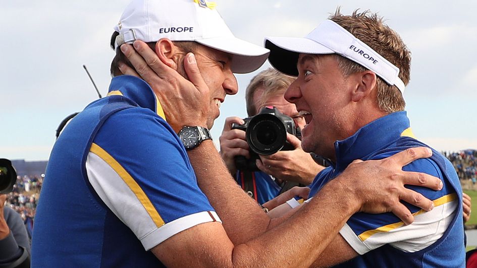 Sergio Garcia (L) celebrates Ryder Cup victory with Ian Poulter