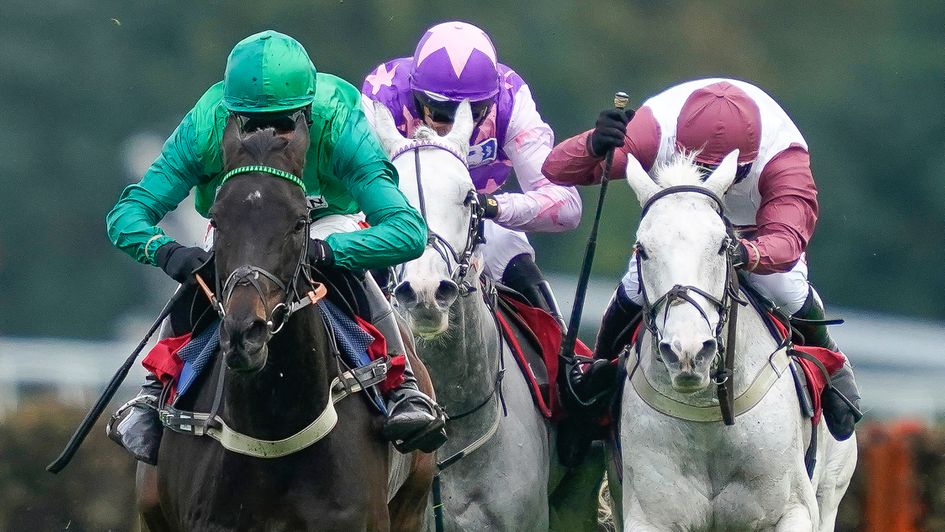 Daryl Jacob riding Sceau Royal (green) clear the last to win The Unibet 3 Uniboosts A Day Hurdle