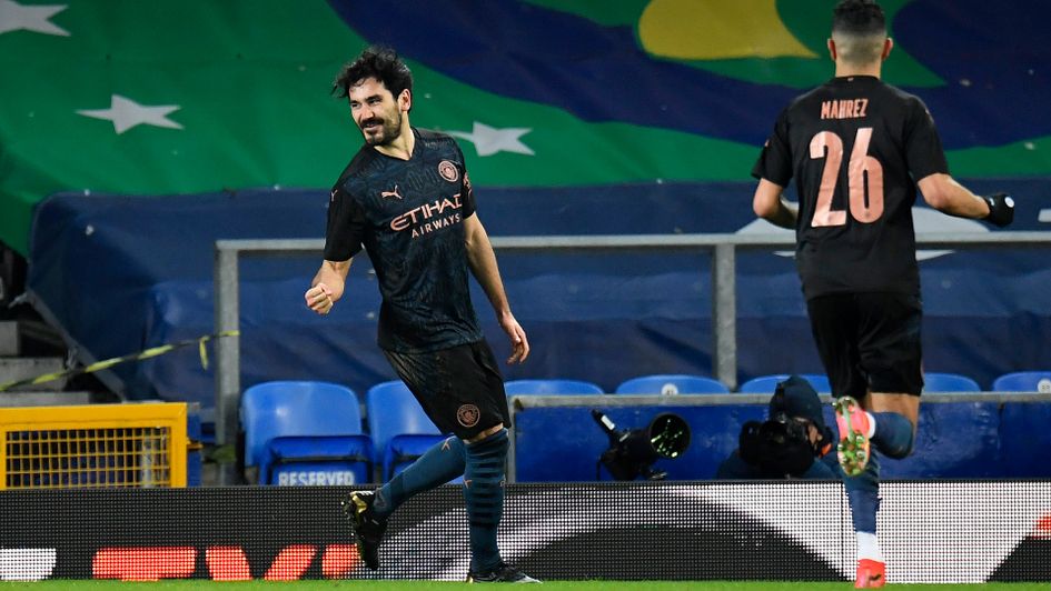 Ilkay Gundogan celebrates his goal against Everton