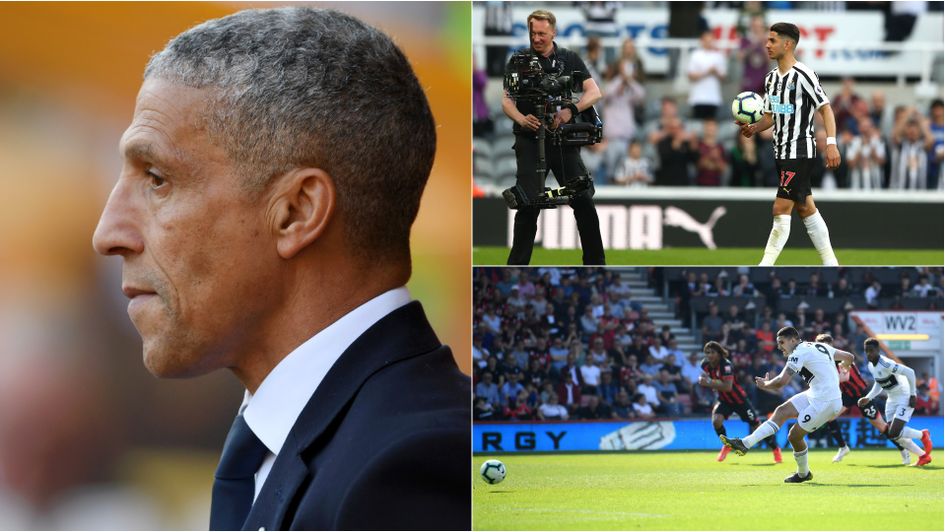 Chris Hughton (left), celebrations for Newcastle's hat-trick hero Ayoze Perez (right, top) and a successful penalty for Fulham's Aleksandar Mitrovic