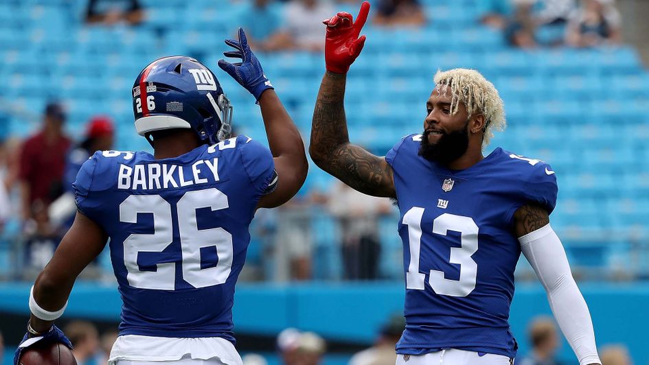 Saquon Barkley and Odell Beckham celebrate for the New York Giants