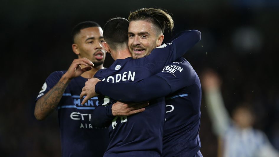 Manchester City celebreate Phil Foden's goal against Brighton