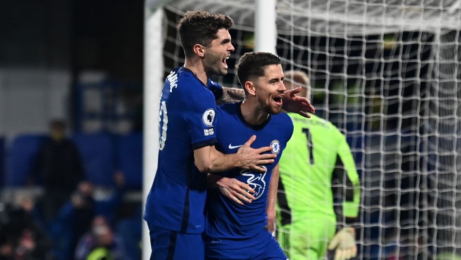 Jorginho celebrates his goal against Leicester