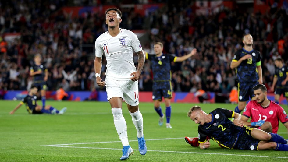 Jadon Sancho celebrates his first goal against Kosovo