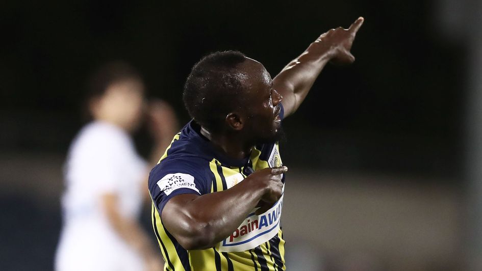 Usain Bolt celebrates for Central Coast Mariners
