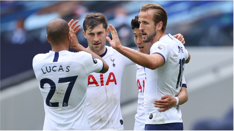 Harry Kane celebrates with his Tottenham team-mates