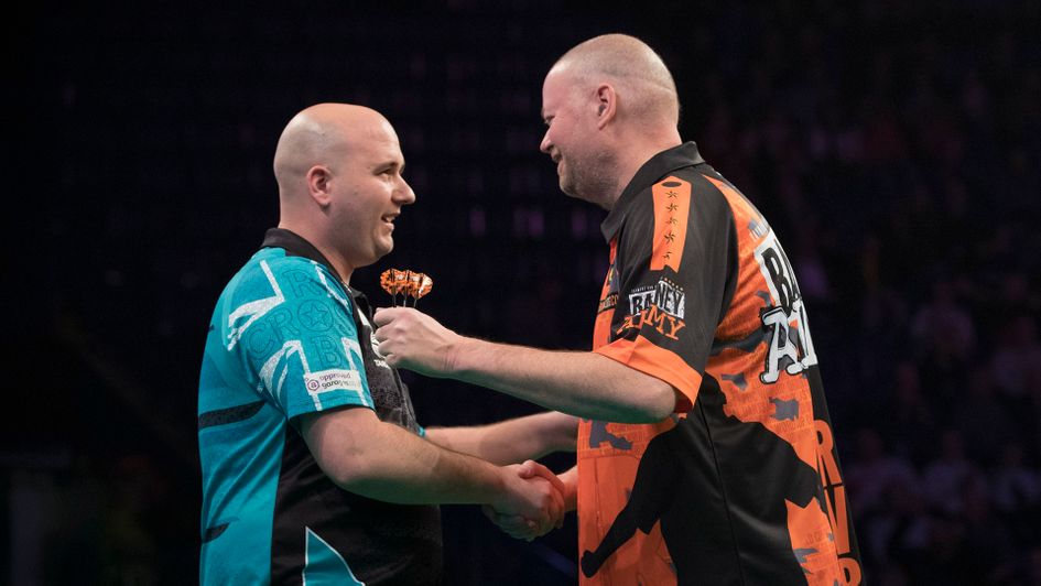 Rob Cross and Raymond van Barneveld (Picture: Lawrence Lustig/PDC)