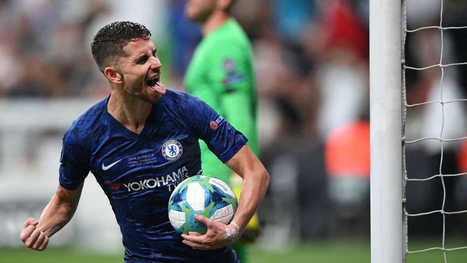 Jorginho: Chelsea midfielder celebrates after scoring a penalty against Liverpool in the Super Cup