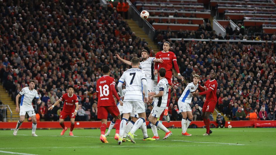 Darwin Nunez rises for a header