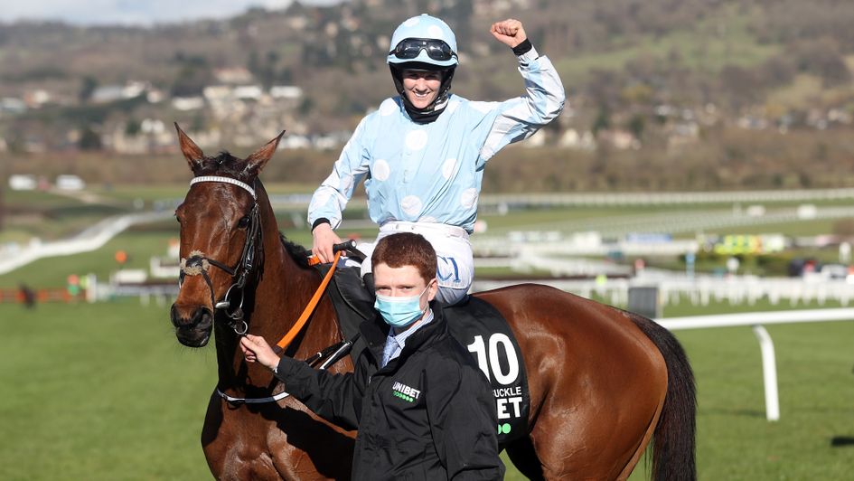 Rachael Blackmore celebrates after winning the Champion Hurdle on Honeysuckle
