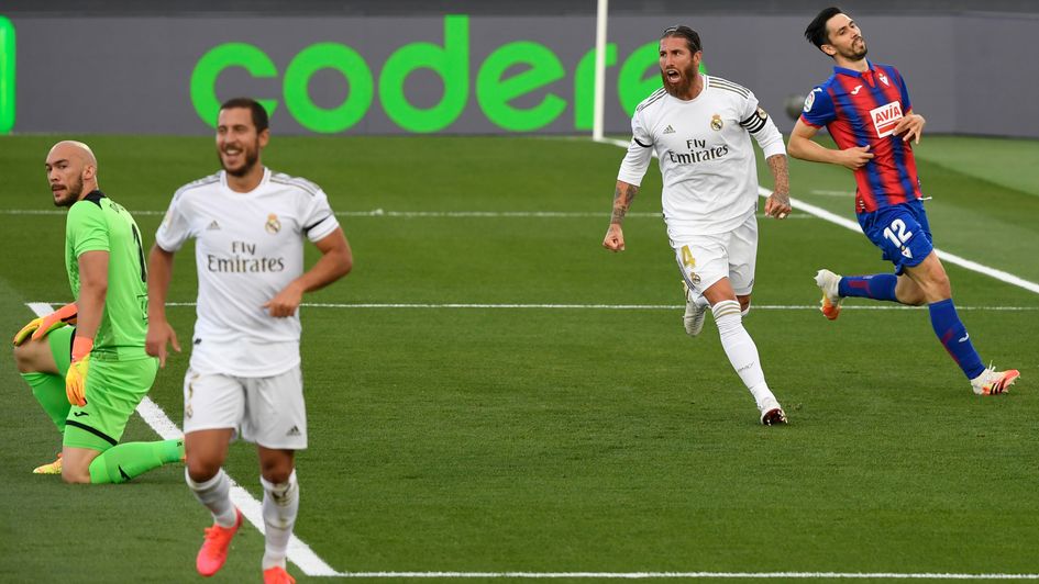 Sergio Ramos: Real Madrid defender celebrates his goal against Eibar as LaLiga returned