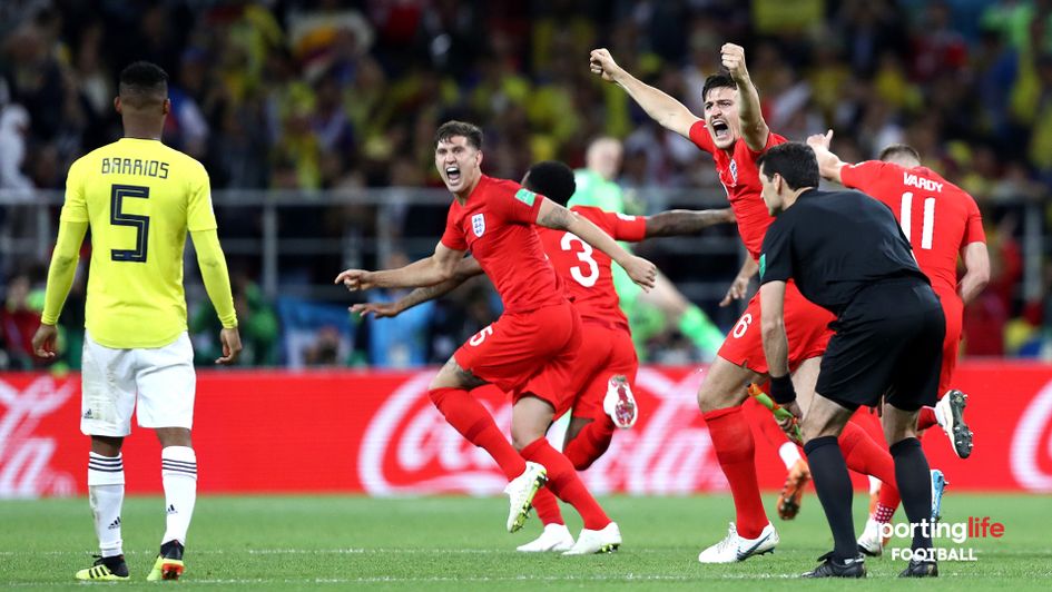 England celebrate their penalty shootout victory over Colombia