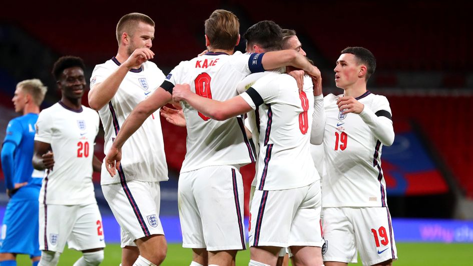 England celebrate Declan Rice's goal against Iceland