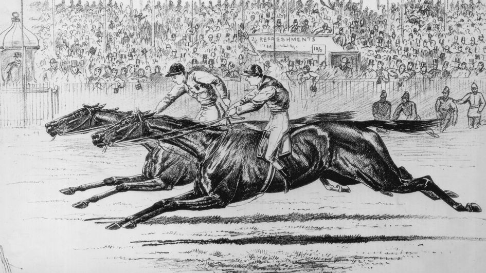 A picture of Fred Archer winning the Derby on Bend Or in 1880