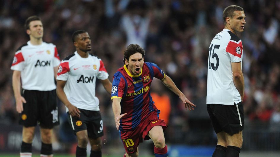 Lionel Messi scores for Barcelona against Manchester United in the 2011 Champions League final