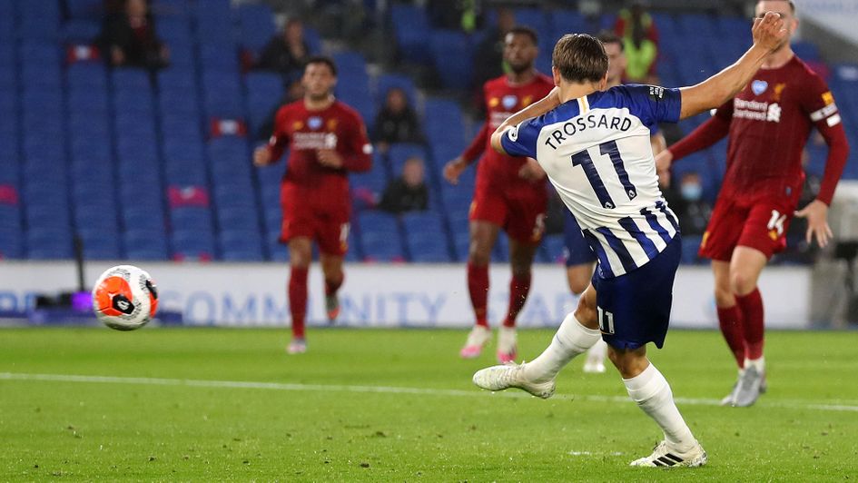 Leandro Trossard scores against Liverpool