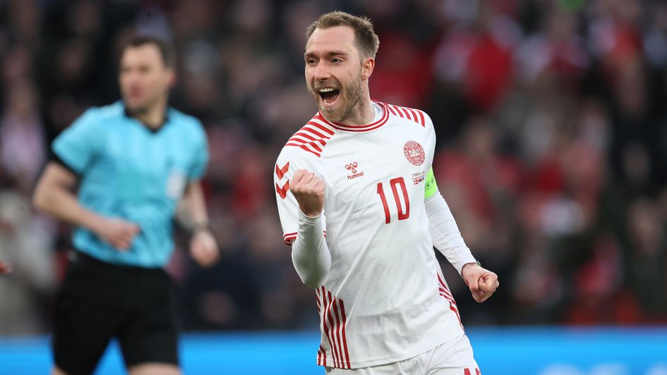 Christian Eriksen celebrates a goal for Denmark