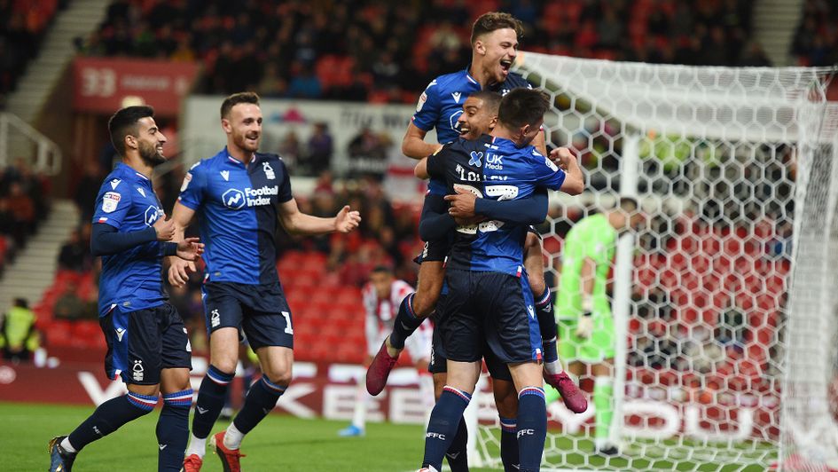 Nottingham Forest celebrate Lewis Grabban's goal against Stoke