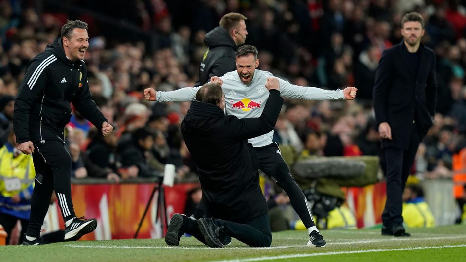 Leeds celebrate winning at Manchester United