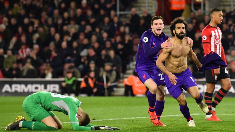 Mo Salah: The Egyptian forward (right) celebrates after scoring for Liverpool at Southampton