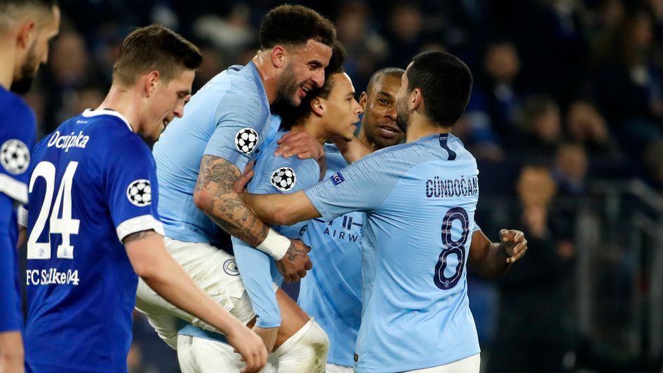 Manchester City celebrate Leroy Sane's goal against Schalke in the Champions League