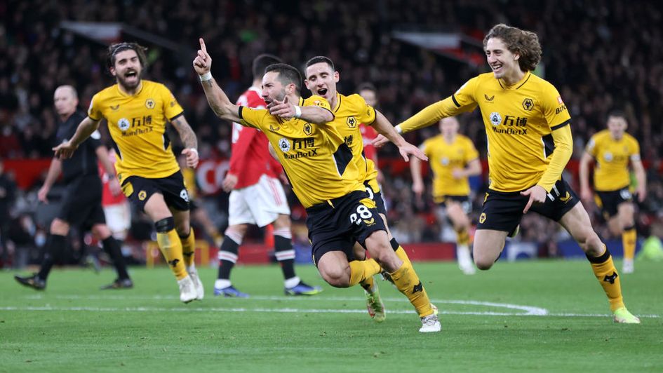 Joao Moutinho celebrates after his goal at Old Trafford