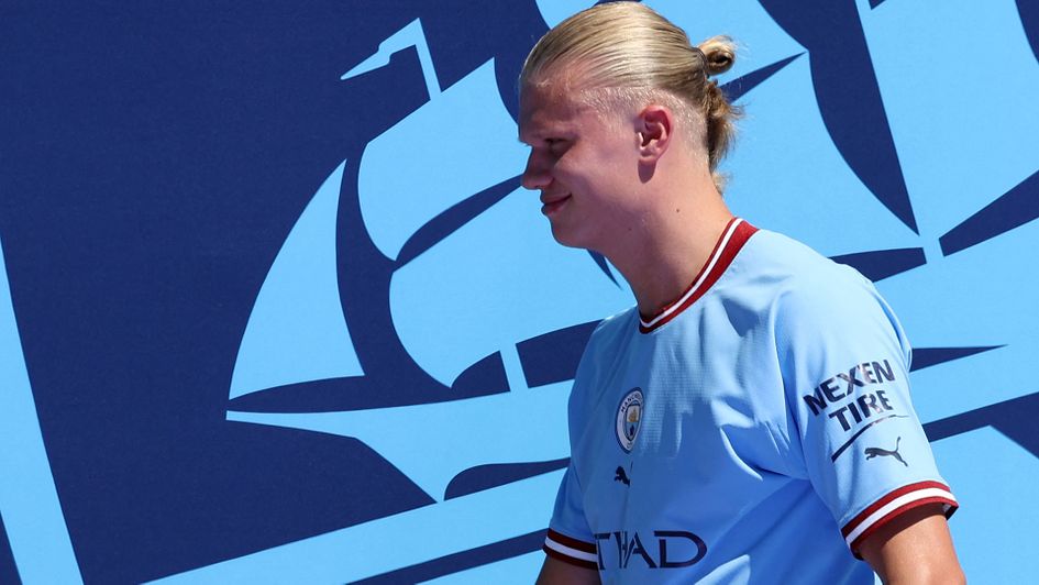 Erling Haaland at his Manchester City unveiling