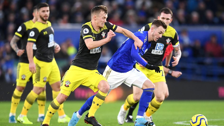 Southampton's James Ward-Prowse battles Leicester's James Maddison