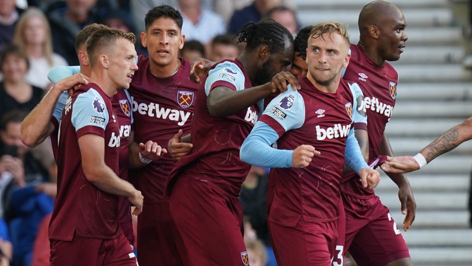 West Ham United's Michail Antonio celebrates with teammates