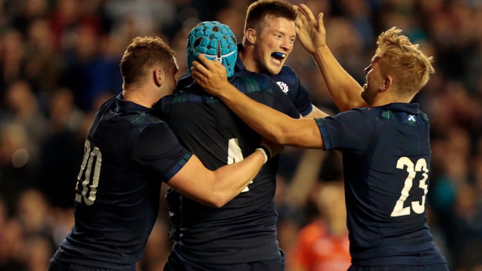 Scotland celebrate their fifth try against Georgia in the World Cup warm-up at Murrayfield