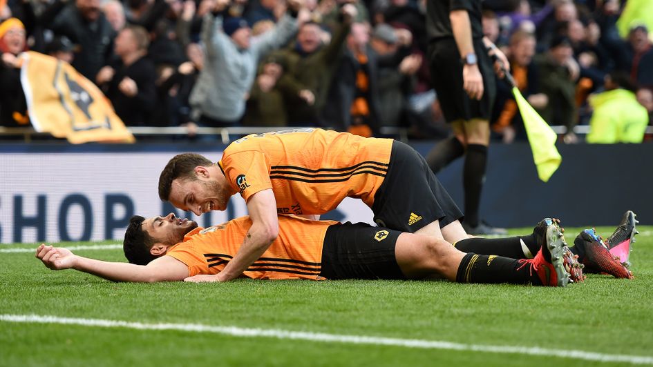 Diogo Jota and Raul Jimenez celebrate for Wolves