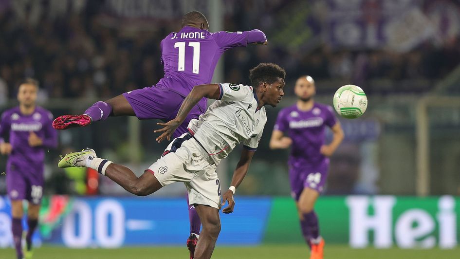 Fiorentina's Jonathan Ikoné Nanitamo battles for the ball with Basel's Andy Pelmard