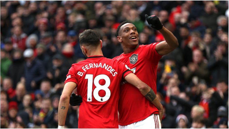 Anthony Martial and Bruno Fernandes celebrate for Manchester United